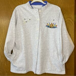 Vintage Gray Button Cardigan Embroidered Floral Honey/Bee Hive Pockets